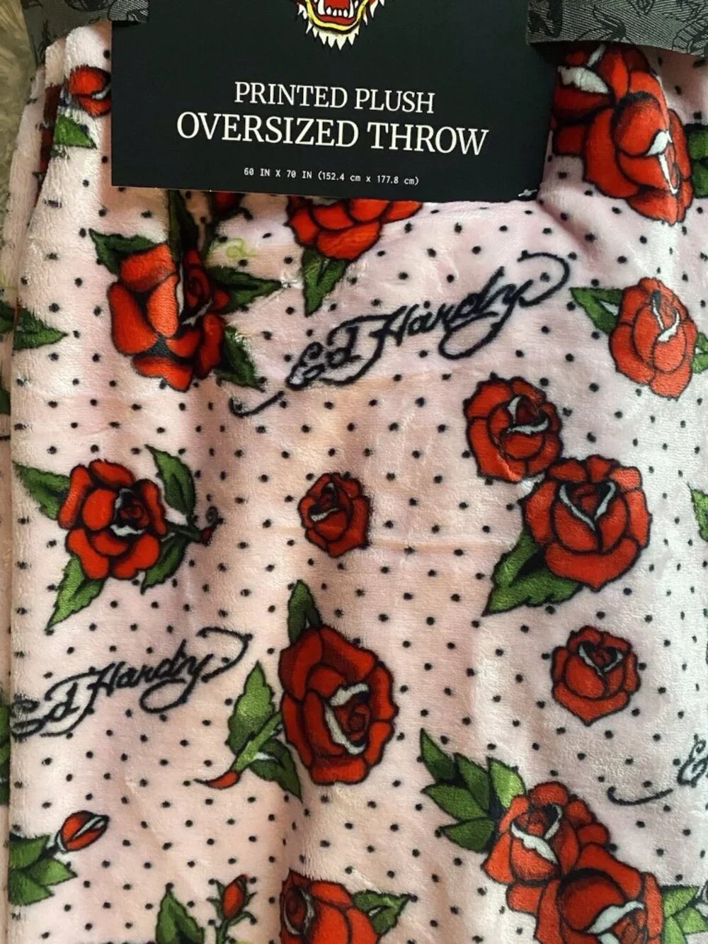 Ed Hardy Pink Plush Oversized Throw Blanket 60” X 70” Roses Polka Dots Tattoo